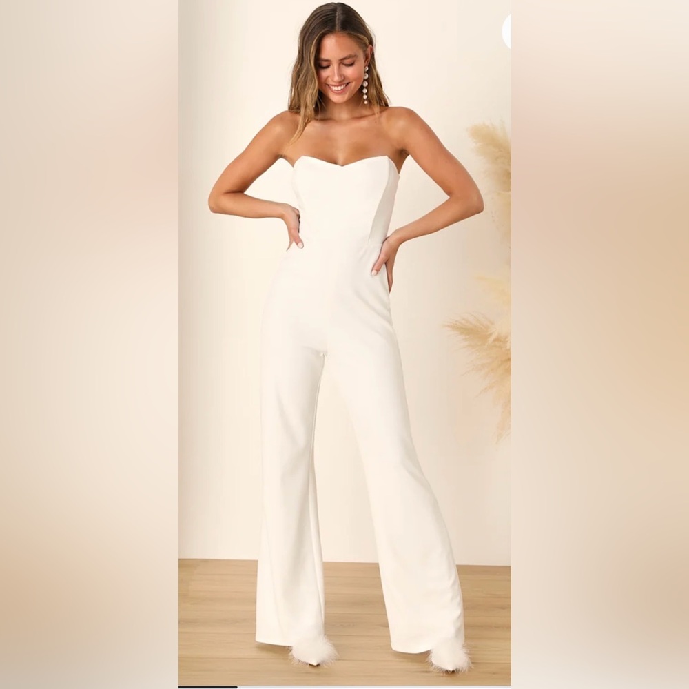Lulu's Fashionista Nights Ivory Strapless Bustier Wide Leg Jumpsuit